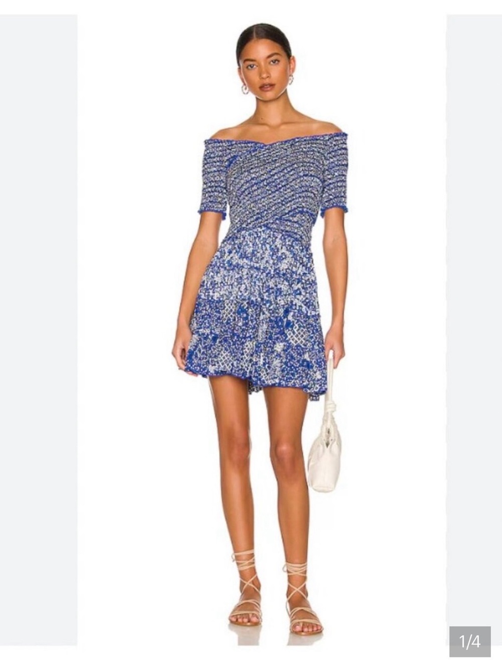 Poupette St. Barth Blue and White Floral Smocked Off-Shoulder Mini Dress Soledad